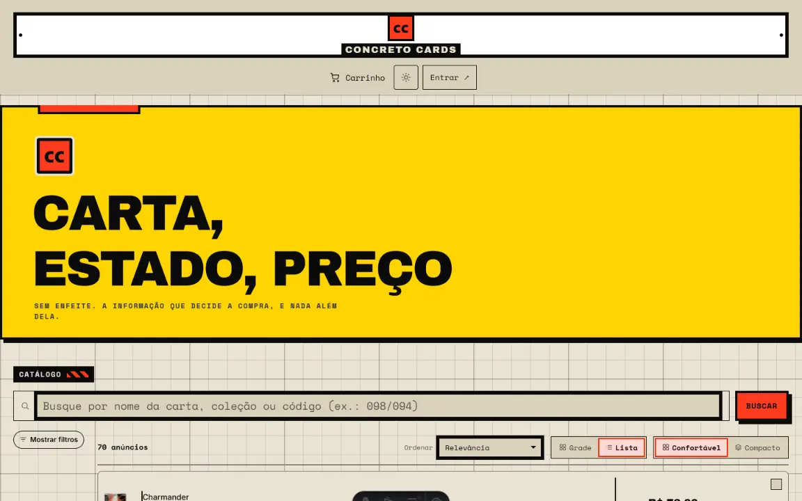 Brutalista: cartaz amarelo com título em caixa alta, depois o catálogo em lista com contorno grosso