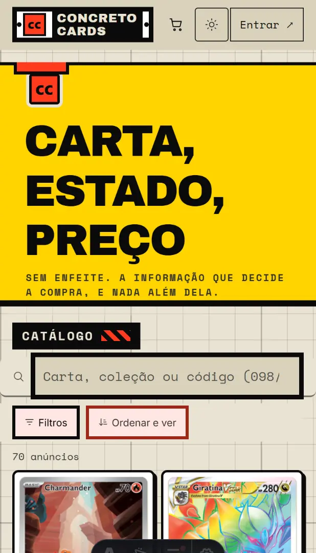 Brutalista: cartaz amarelo com título em caixa alta, depois o catálogo em lista com contorno grosso