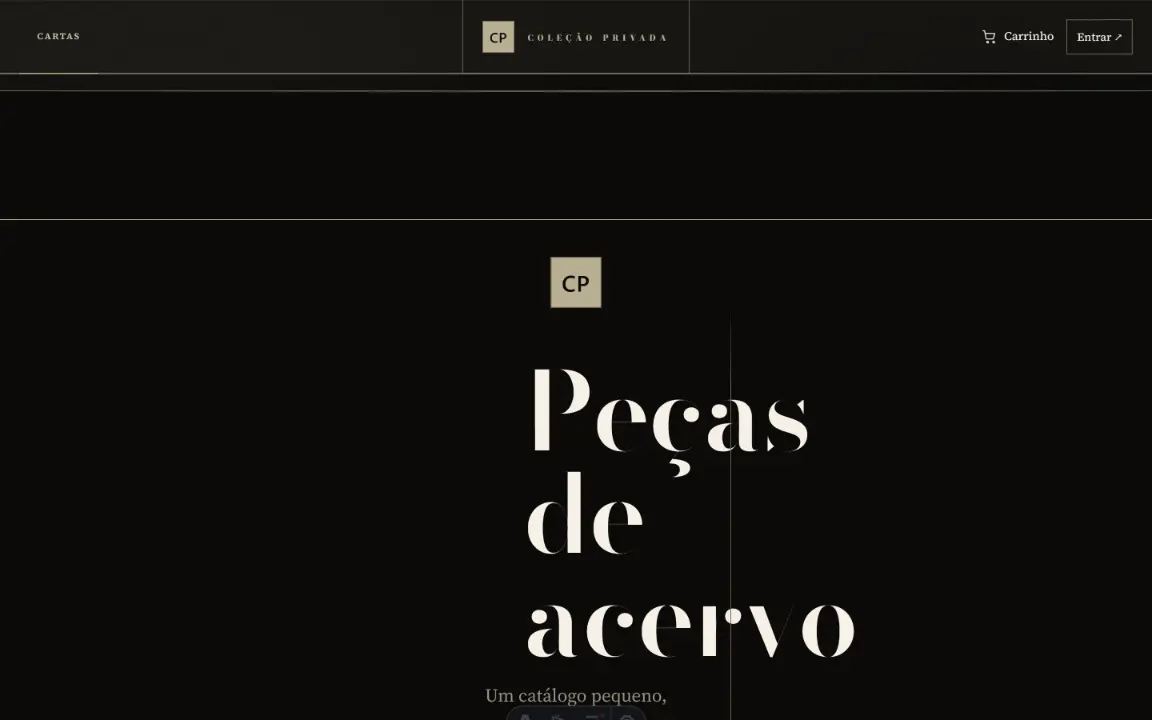 Luxo: masthead em nave escura, “Peças de acervo” em serifa fina sobre quase preto
