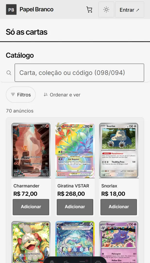 Mínimo: cabeçalho branco, busca e catálogo em lista, nada além das cartas