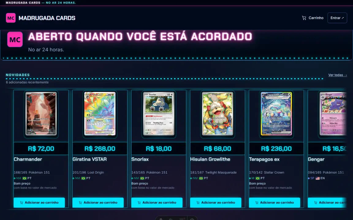 Noturno: cabeçalho neon sobre azul-noite, catálogo em tabela com botões azuis