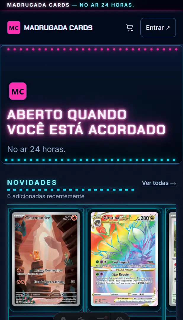 Noturno: cabeçalho neon sobre azul-noite, catálogo em tabela com botões azuis