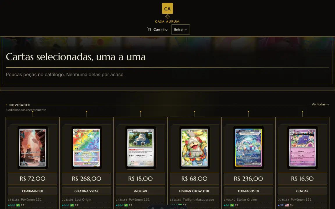 Premium: masthead Casa Aurum em dourado, trilho Novidades sobre preto