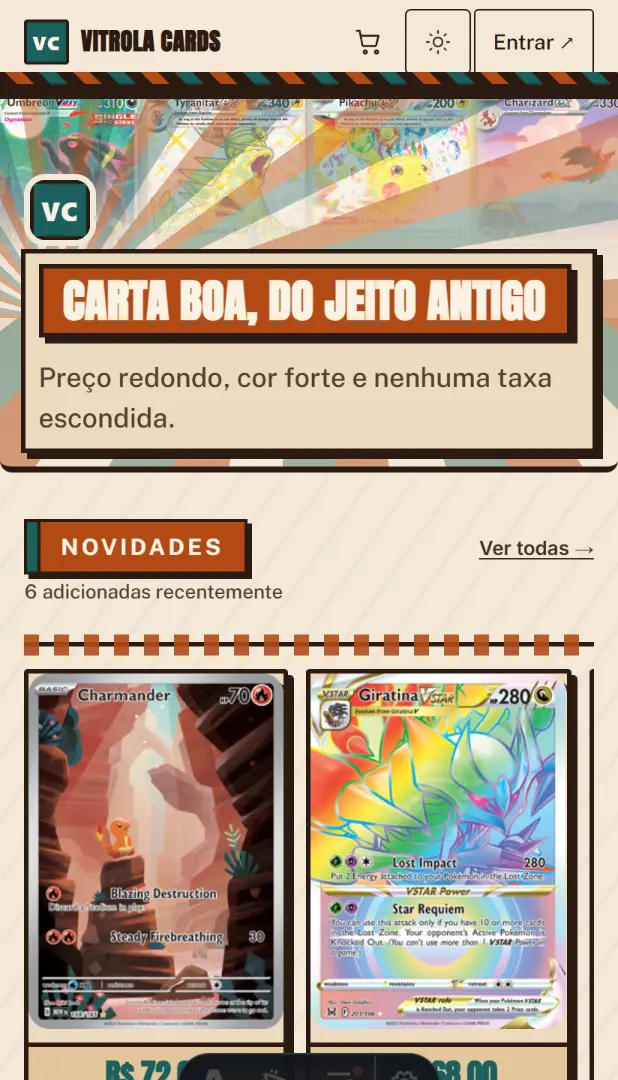 Retrô: cartaz laranja com sombra dura, trilho Novidades com títulos em caixa alta